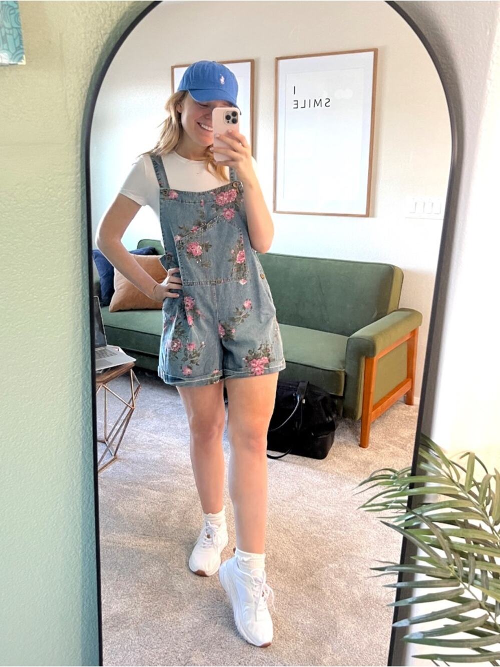 floral print denim shortall romper medium